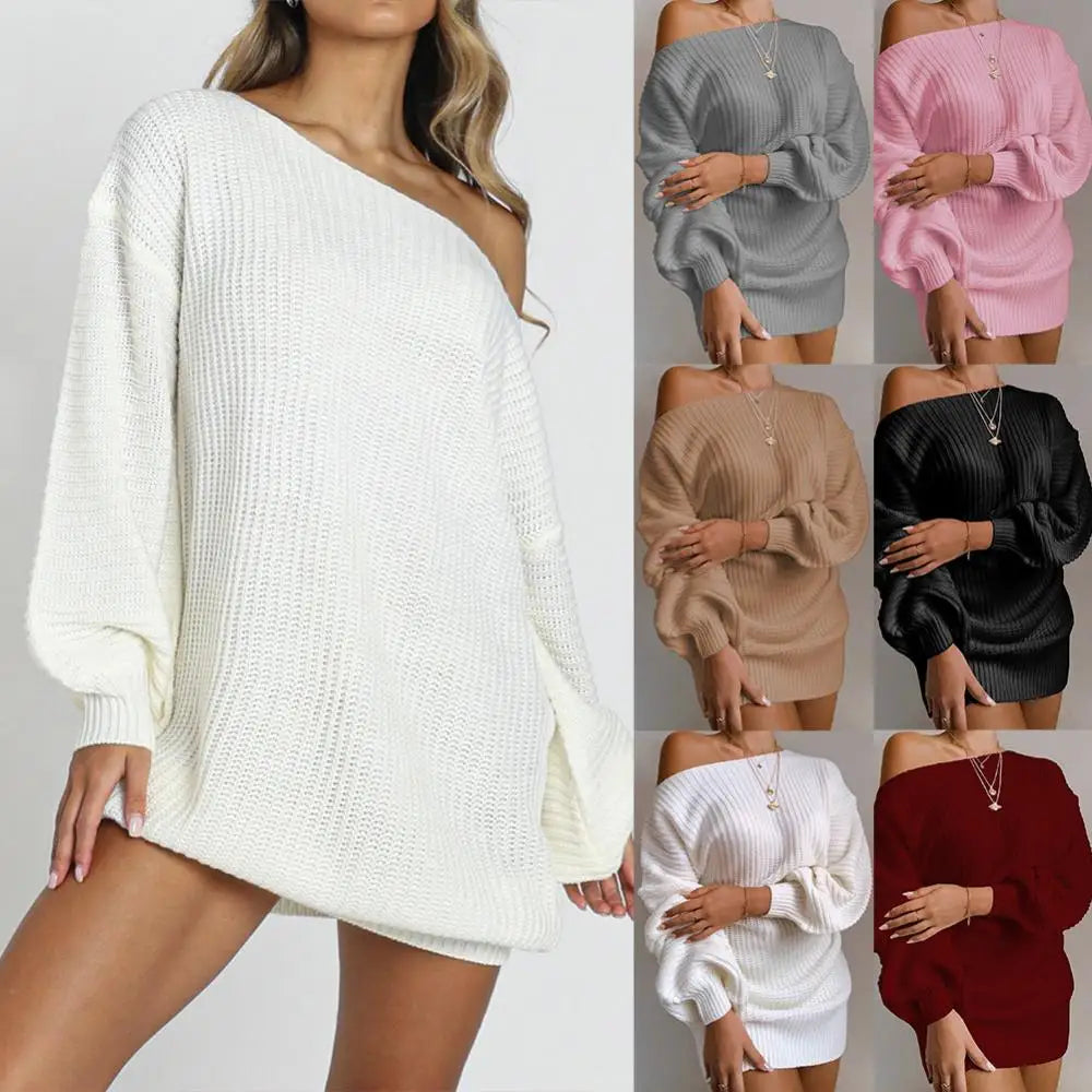 Womens Dresses Spring Fashion Cold Shoulder Lantern Sleeve Casual Plain Long Sleeve Daily Mini Knit Sweater Dress Woman Clothing