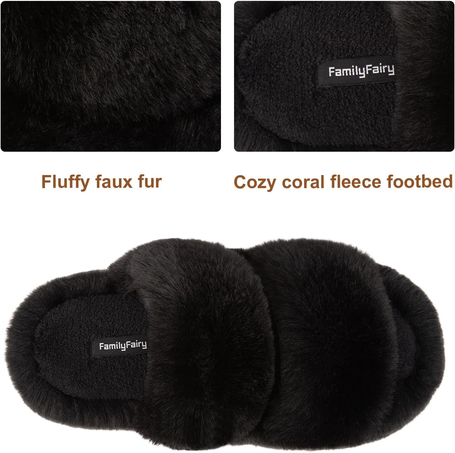 Women'S Fluffy Faux Fur Slippers Comfy Open Toe Two Band Slides with Fleece Lining and Rubber Sole