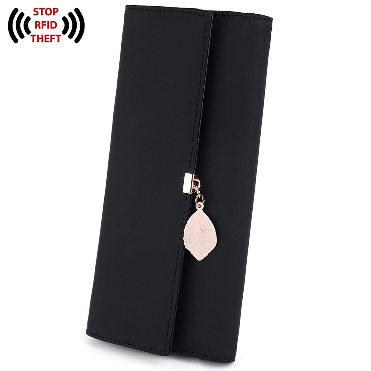 Womens Wallet PU Leather RFID Blocking Card Holder Elegant Zipper Coin Purse Leaf Pendant(Black)